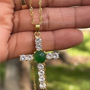 Jade  Gold and Green Cross Pendant Necklace 18inch
